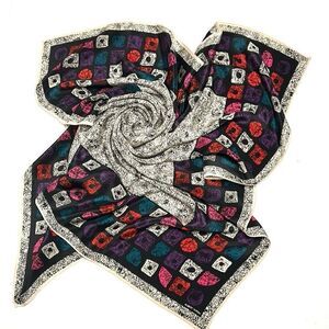 Albert Nipon Silk Square Scarf Abstract White Black Multicolor Geometric Trim
